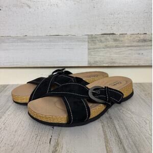 Clarks women 8 Reileigh May Leather Slide Sandals Black new slip on buckle shoe